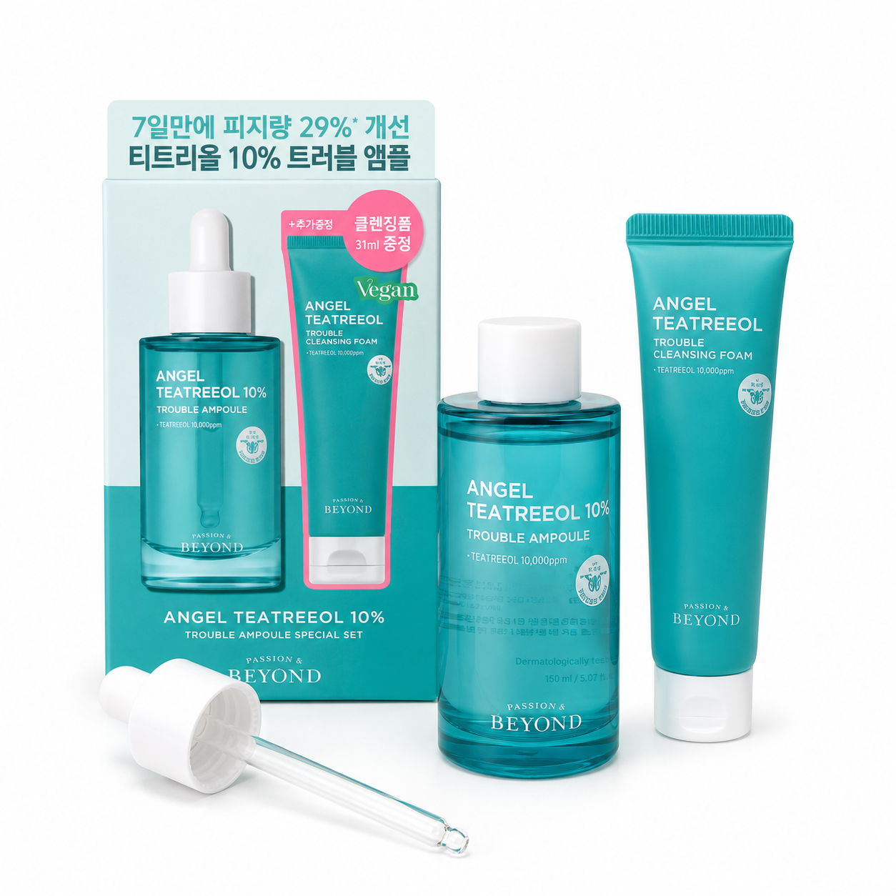Q913 SET Tinh Chất dưỡng trắng Beyond Angel Teatreeol 10% Trouble Ampoule 50ml +srm 2sp