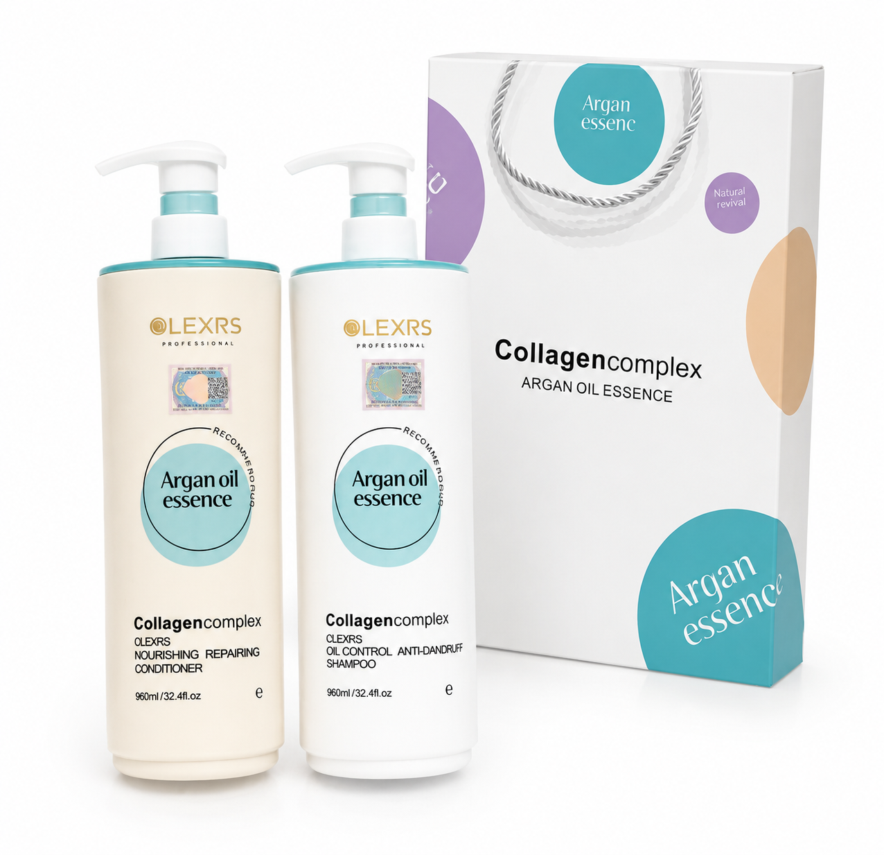 Q987 (Mẫu Mới- MÀU XANH ) Cặp dầu gội xả Olexrs Argan Oil Collagen Hair Salon Ngăn ngừa gàu và kiềm dầu 960ml + 960ml
