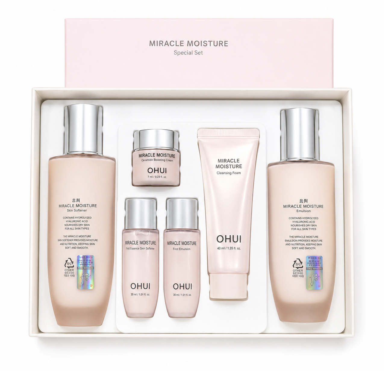 S167 Set Ohui Hồng Miracle Moisture Cấp Ẩm Dưỡng Da Trắng Hồng nươc + sữa 6sp ( 5/2029 )