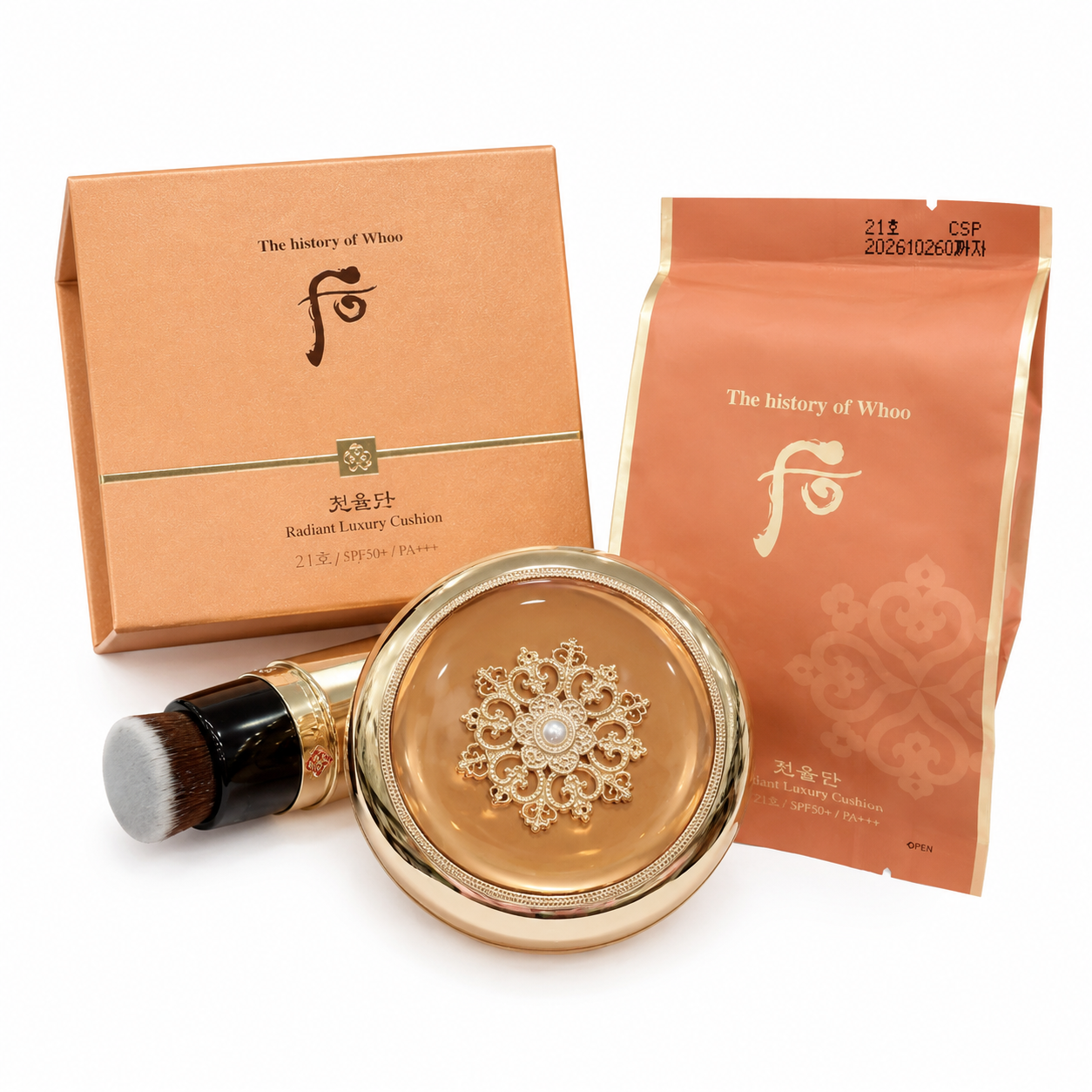 S172 (truyền thống) Set Cushion tái sinh whoo radiant essence cushion (1 hộp chinh +1 lõi + CỌ + bao nhung ) số 21 ( 10/2028 )