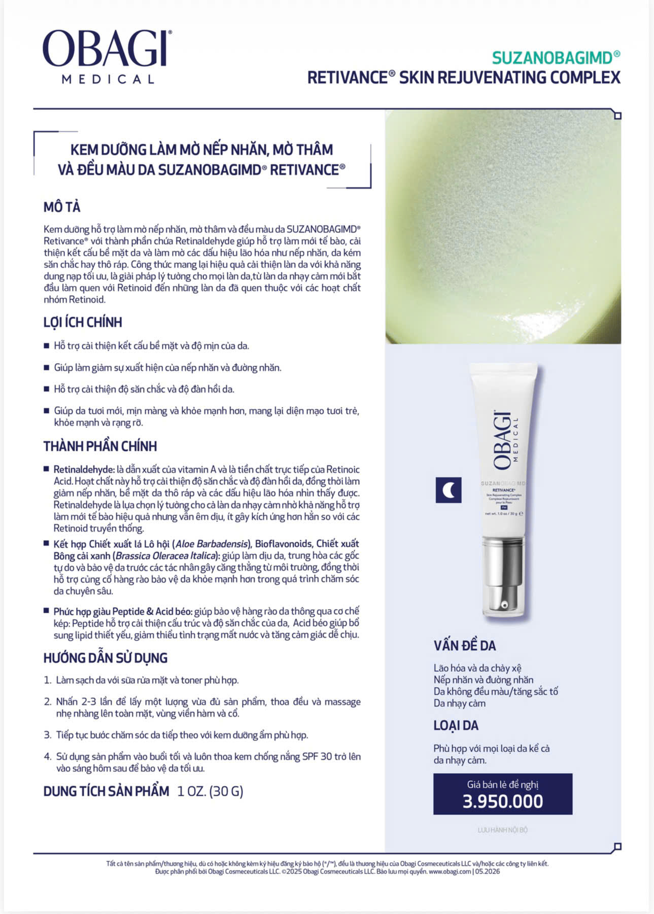 S239 - Obagi SuzanObagiMD Retivance Skin Rejuvenating Complex giảm nám - mờ nhăn 30gr ( 4/2028 )