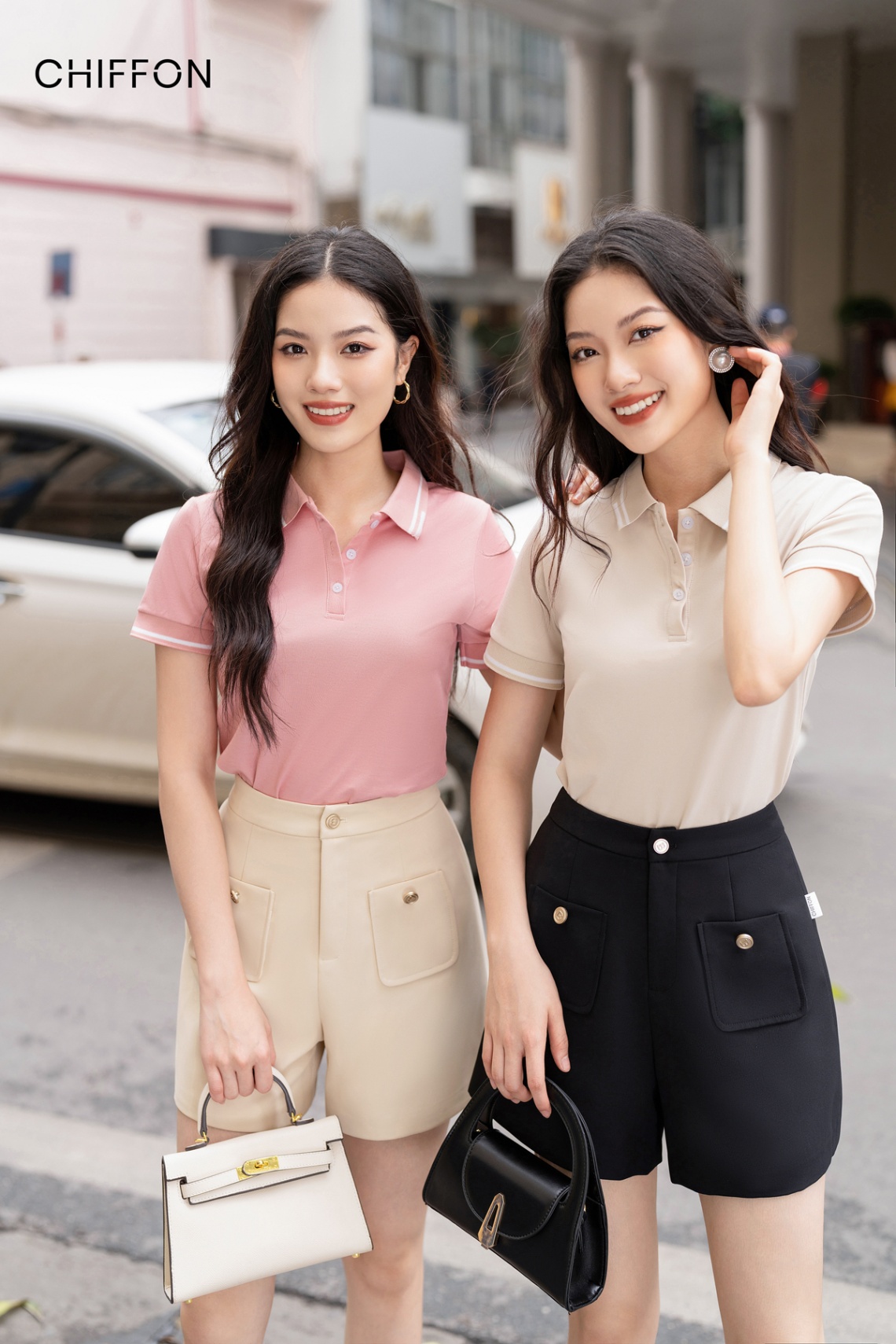 Áo polo CHIFFON mắt chim cổ kẻ viền_Be