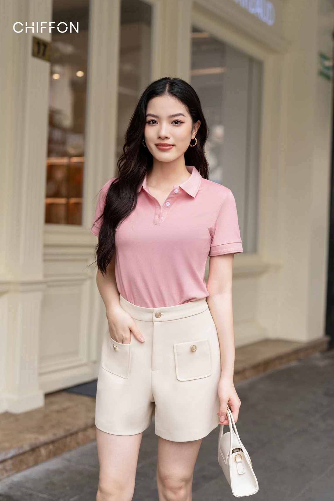 Áo polo CHIFFON mắt chim cổ trơn_Hồng