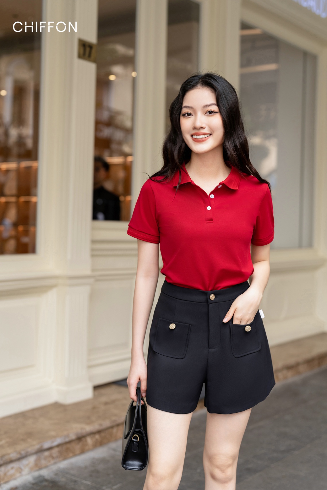 Áo polo CHIFFON mắt chim cổ trơn_Đỏ