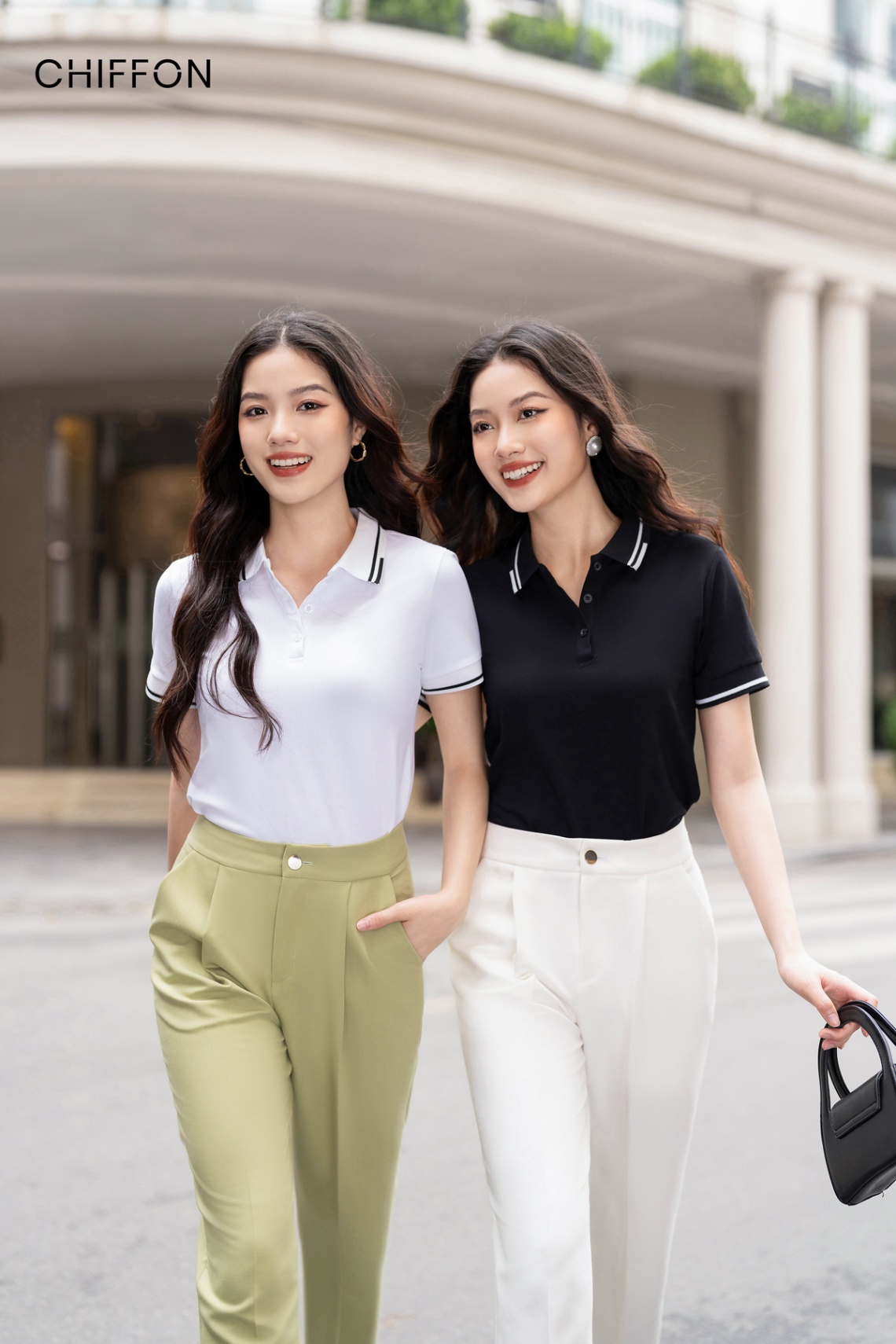 Áo polo CHIFFON mắt chim cổ kẻ viền_Đen