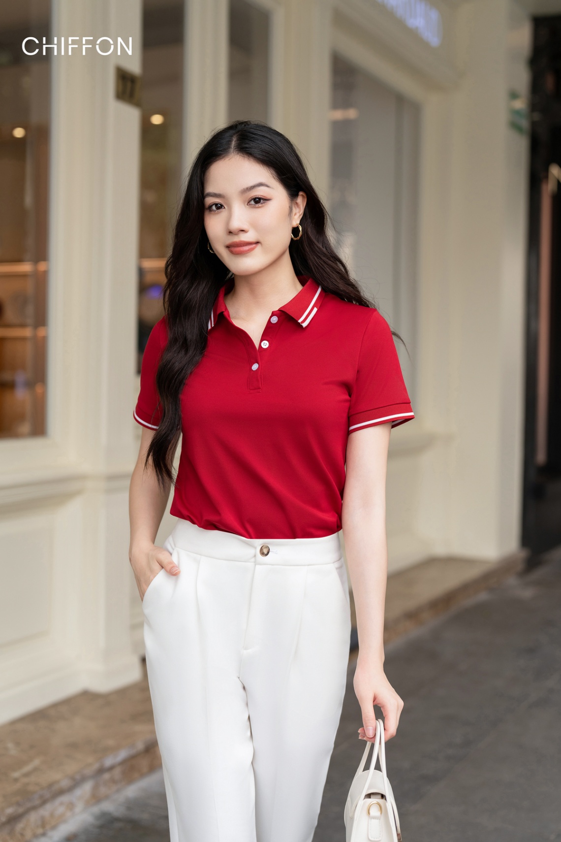 Áo polo CHIFFON mắt chim cổ kẻ viền_Đỏ