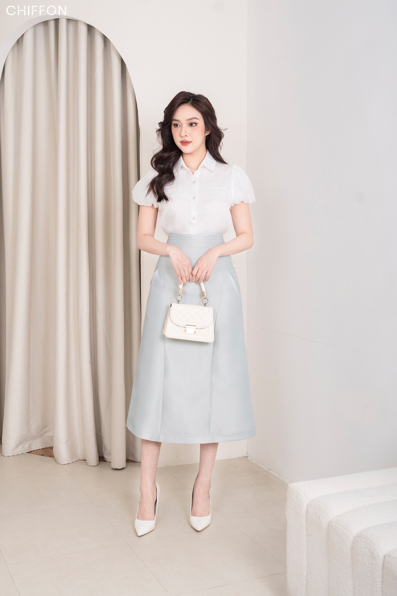 Đầm Xòe Voan Chiffon S&M Cổ Bẻ Đính Nút Tôn Dáng, Xinh Đẹp, Giá Rẻ GR156  Xưởng Thời Trang Sỉ S&M