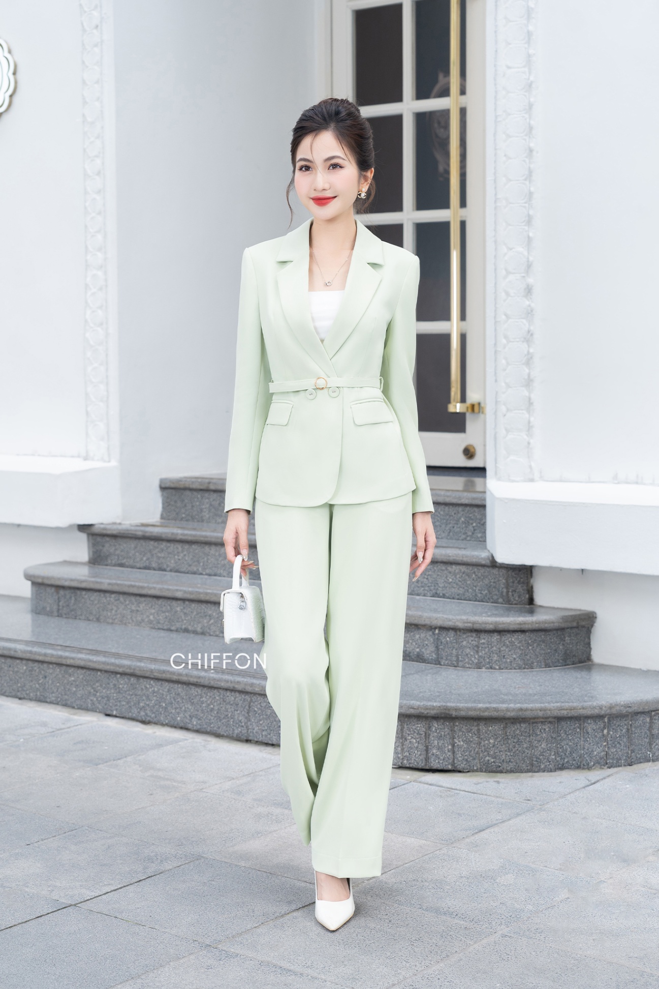 Quần suông ống đứng cạp liền_Xanh bơ