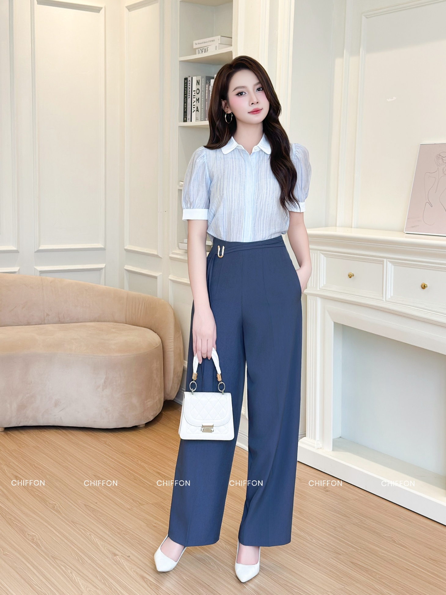 Quần suông cạp đính đai cách điệu