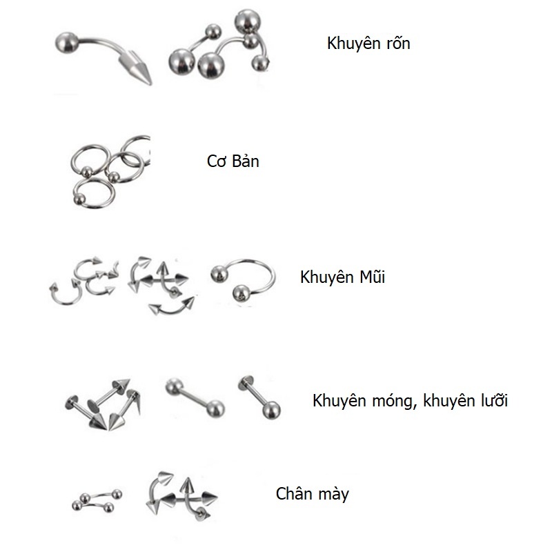 Set 85 Khuyên tai, môi, mũi, rốn Thép Titan 316L Không Rỉ