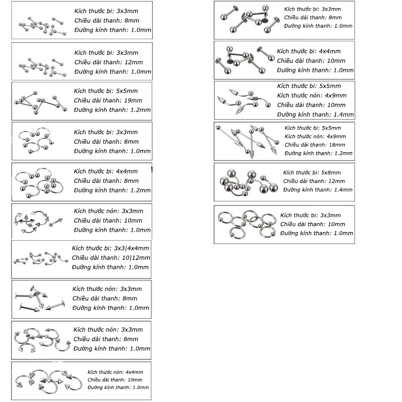 Set 85 Khuyên tai, môi, mũi, rốn Thép Titan 316L Không Rỉ
