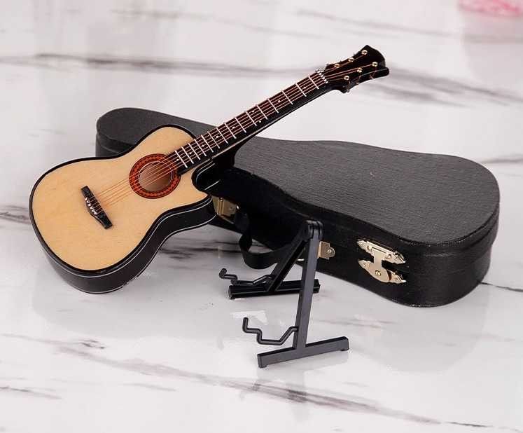 Mô hình trang trí dụng cụ âm nhạc - cây đàn guitar 10cm kèm hộp và đế dựng