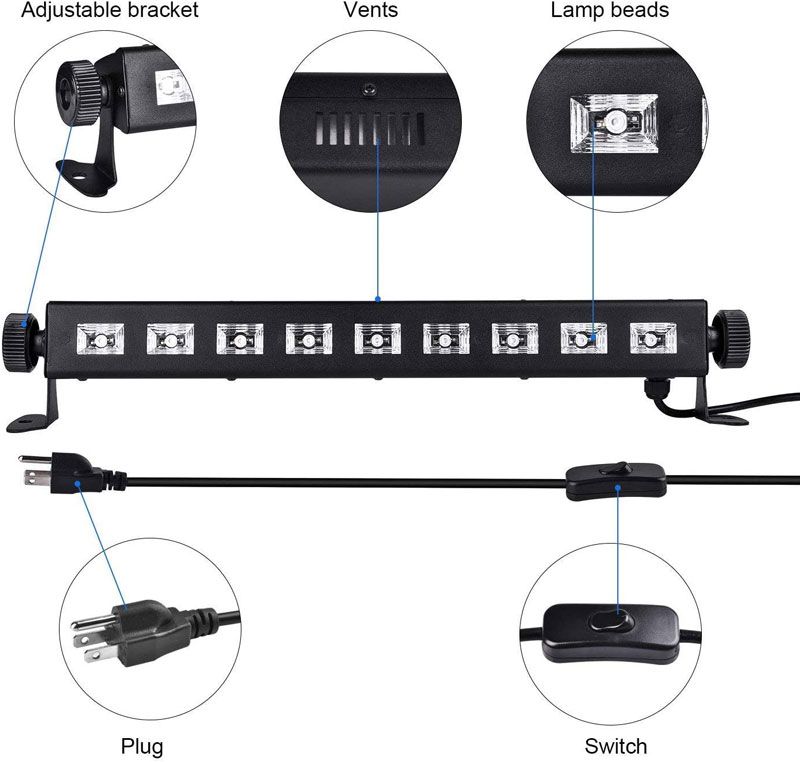 Đèn LED UV Back Light 9 LED Black Light, Gohyo 27W LED UV Bar Glow in the Dark Party Supplies for Christmas Blacklight Party Birthday Wedding Stage Lighting, Material Metal Iron