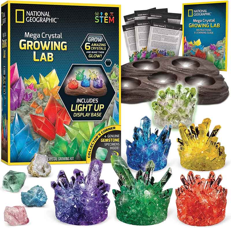 Bộ nuôi trồng tinh thể kèm đế đèn chính hãng NATIONAL GEOGRAPHIC Mega Crystal Growing Lab – Grow 6 Vibrant Crystals Fast (3-4 Days), with Light-Up Display Stand, Learning Guide, & 4 Genuine Crystal Specimens, an Amazon Exclusive Science Kit