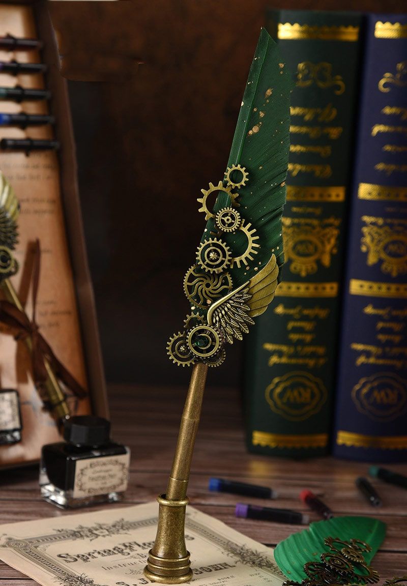 Set bút lông chấm mực cổ điển Bánh Răng Steampunk có đế dựng bút | Hộp quà tặng cho văn phòng