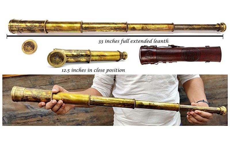 Kính viễn vọng phong cách cướp biển trung cổ kèm bao da khâu tay Rare Brass Telescope with Handstitched Leather Case