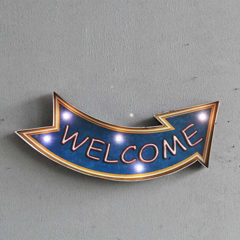 Bảng đèn Led retro Welcome (American industrial style LED light bar cafe shop creative home wrought iron wall decoration wall hanging)