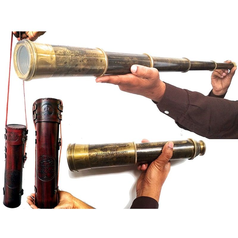 Kính viễn vọng phong cách cướp biển trung cổ kèm bao da khâu tay Rare Brass Telescope with Handstitched Leather Case