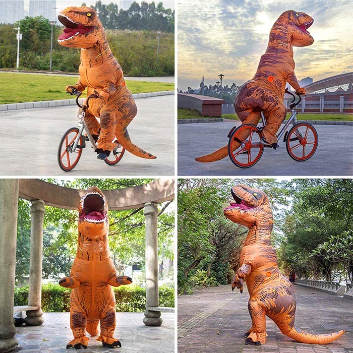 trang phục khủng long t-rex đi xe đạp troll người lạ