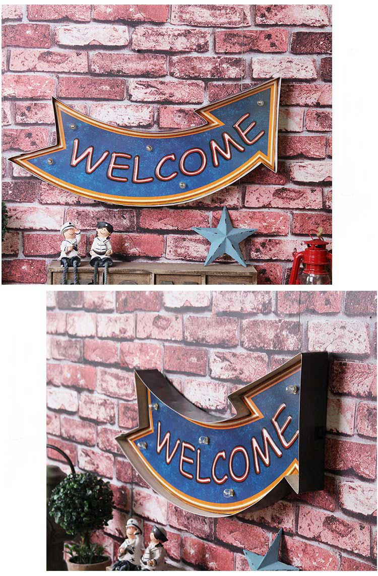 Bảng đèn Led retro Welcome (American industrial style LED light bar cafe shop creative home wrought iron wall decoration wall hanging)