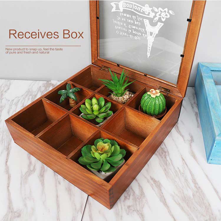 Hộp gỗ lưu trữ 9 ngăn mặt kính ZAKKA style wooden box glass box / color box desktop storage box office desk organizer