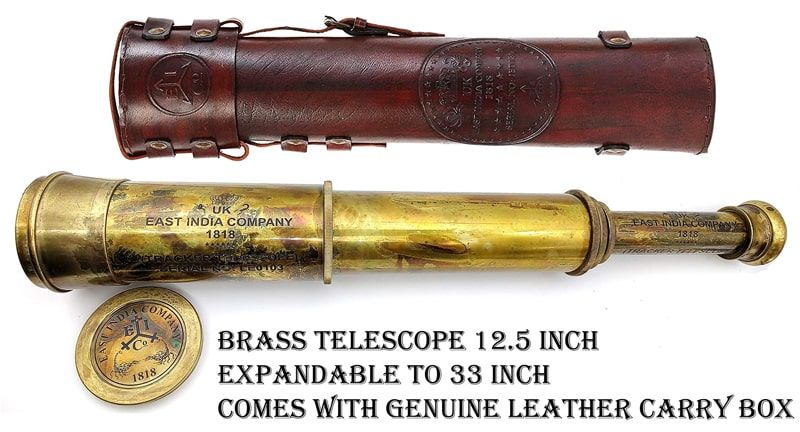 Kính viễn vọng phong cách cướp biển trung cổ kèm bao da khâu tay Rare Brass Telescope with Handstitched Leather Case