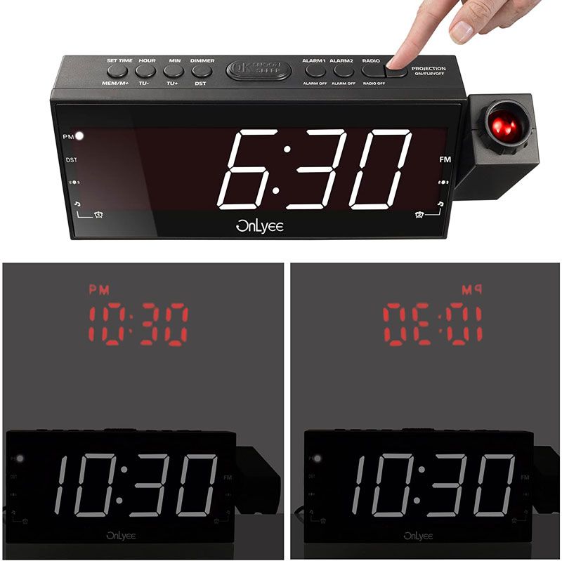 Đồng hồ Led đèn chiếu Projection Clock OnLyee Projection Clock, AM FM Radio Alarm Clock, Bedroom Desk Wall Ceilling Clock, 7” Large Digit Clock, 3 Dimmer Options, Dual Alarm, USB Charging Port, Battery Backup