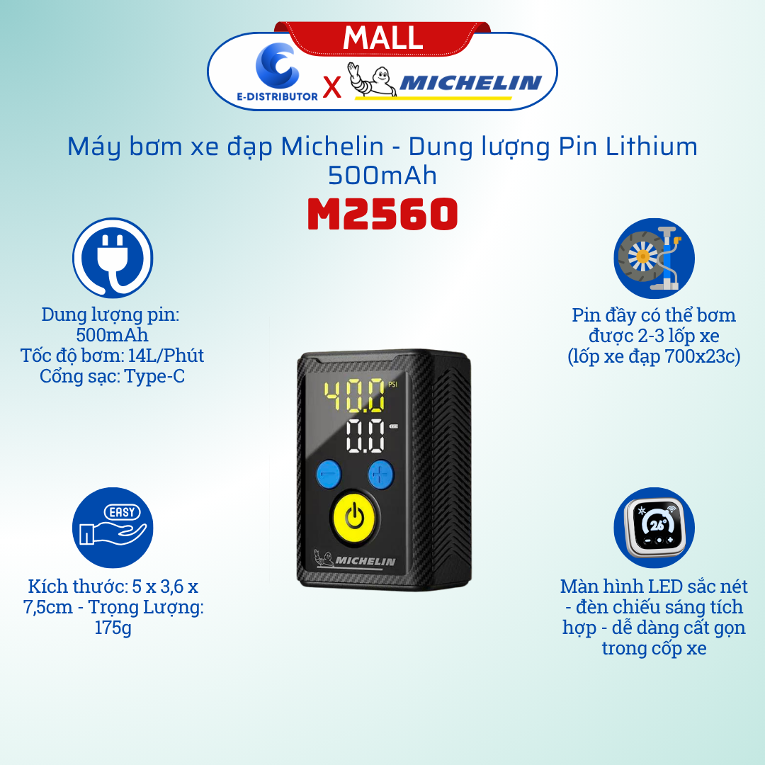 Máy bơm lốp xe đạp không dây mini Michelin M2560