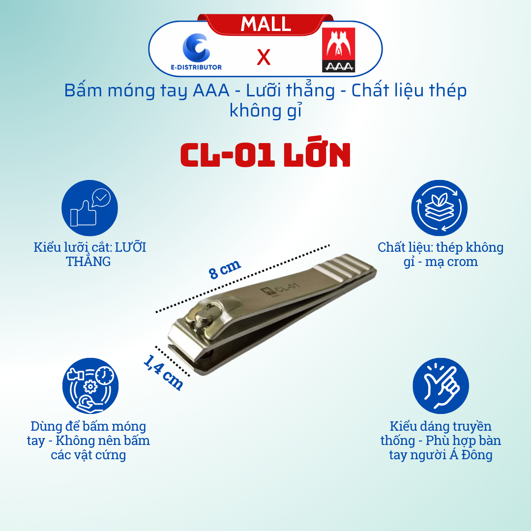 Bấm móng Inox Lớn, lưỡi thẳng AAA CL-01