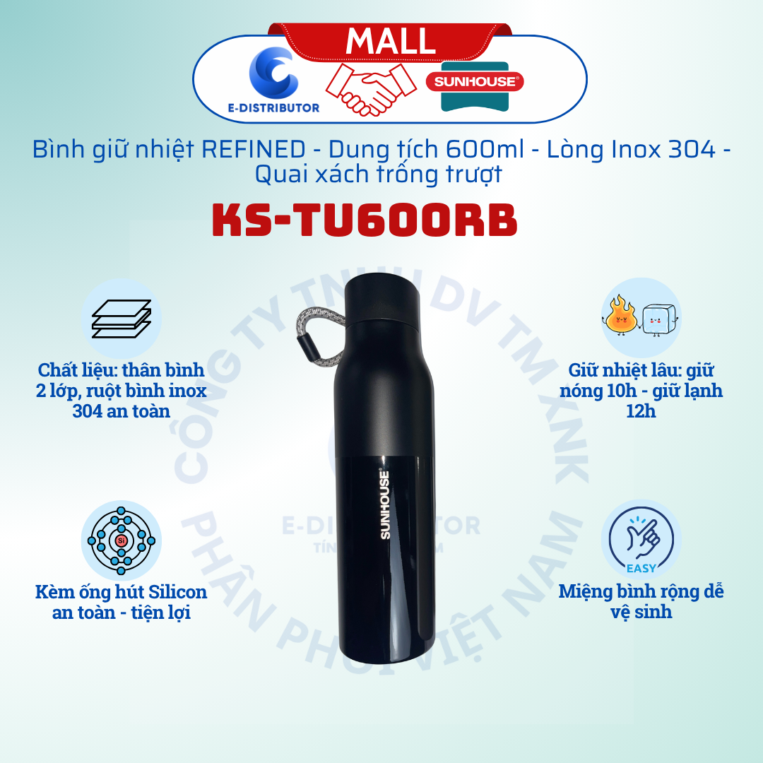 Bình giữ nhiệt Refined 600ml Sunhouse KS-TU600RB - Hàng chính hãng