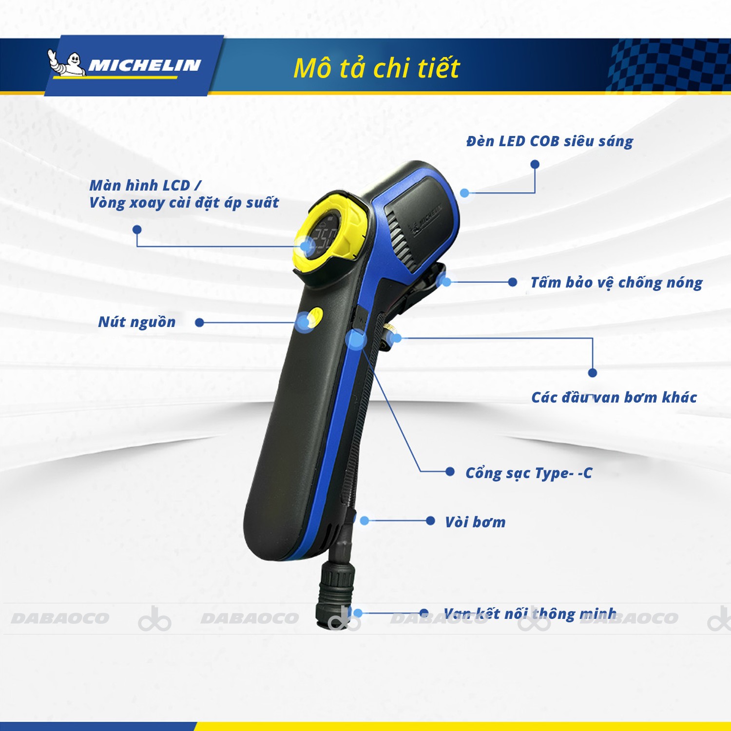 Máy bơm Xe ô tô, xe máy, xe đạp dùng Pin xạc Michelin M2208S