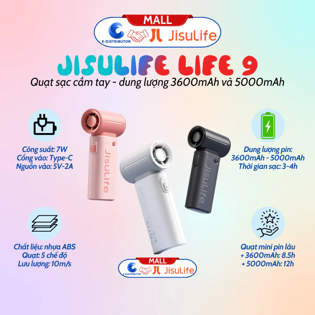 Quạt sạc cầm tay mini Jisulife Life 9 - Dung lượng 5000mAh - Hàng chính hãng - Đen