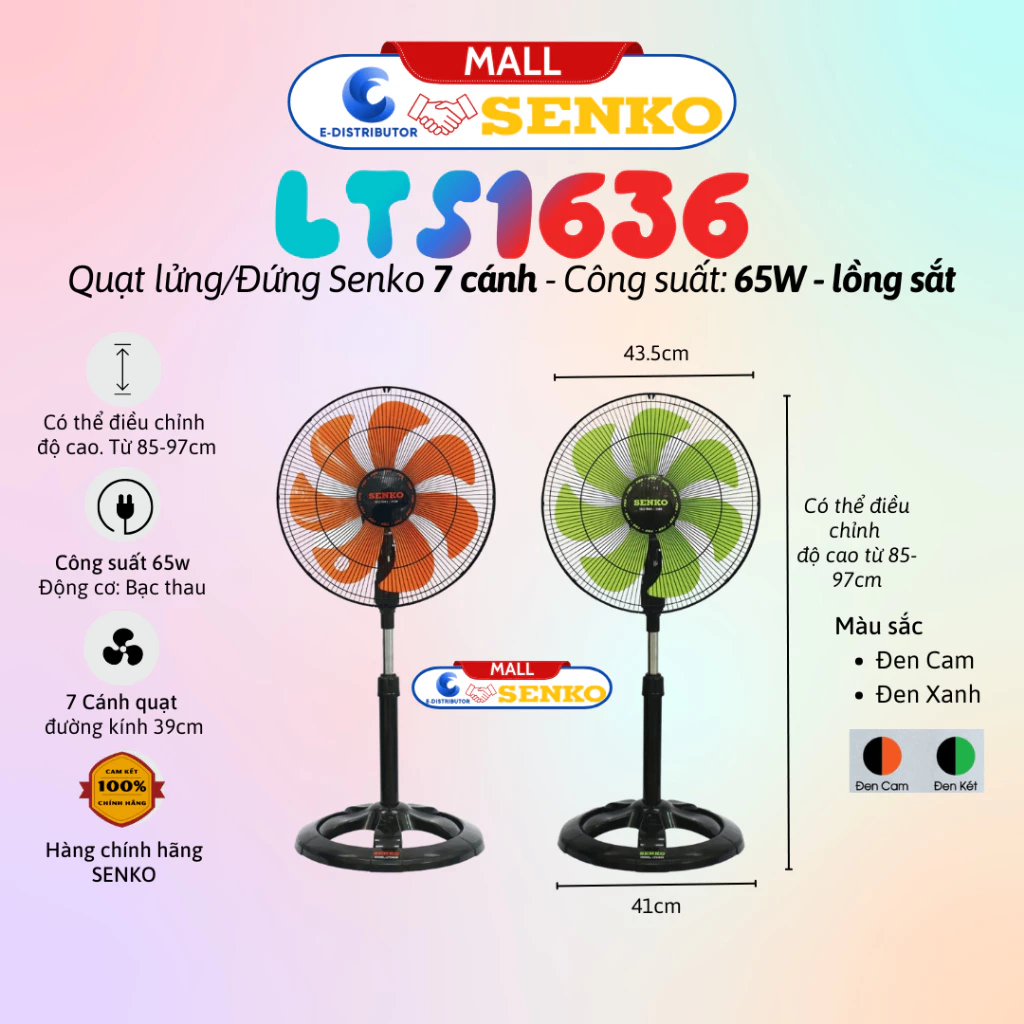 Quạt lửng thân sắt 7 cánh Senko LTS1636 - Màu xanh két đen - Hàng chính hãng