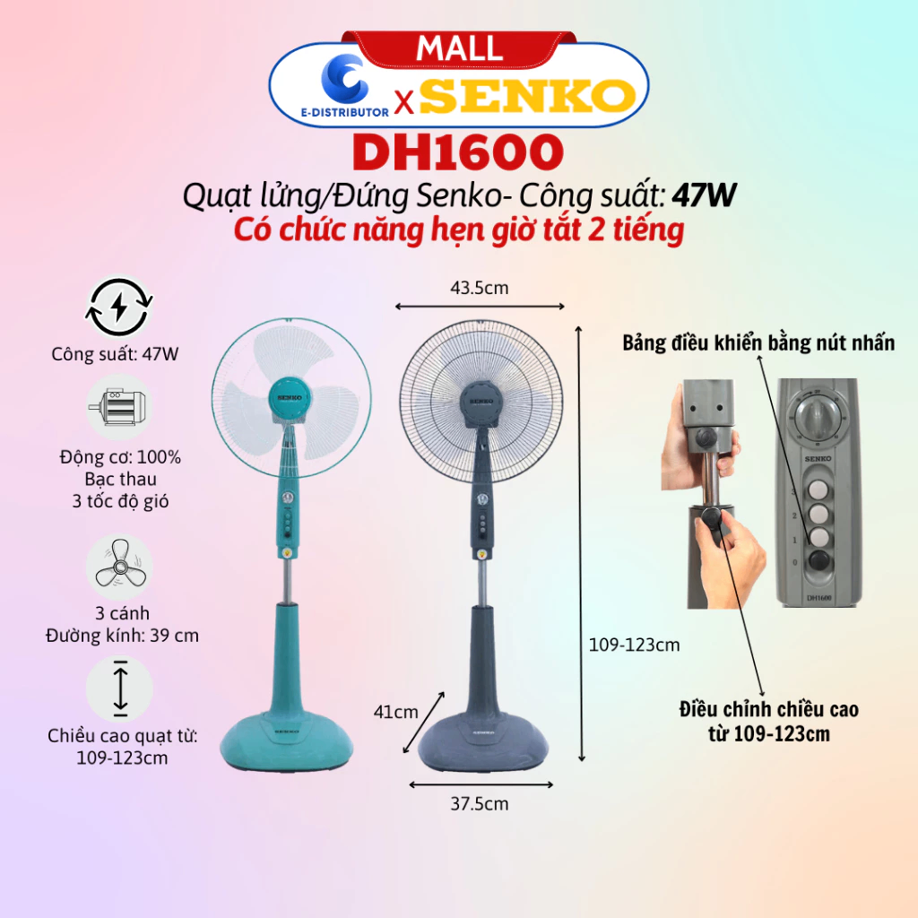Quạt đứng hẹn giờ SENKO DH1600 - Màu ngẫu nhiên - Hàng chính hãng