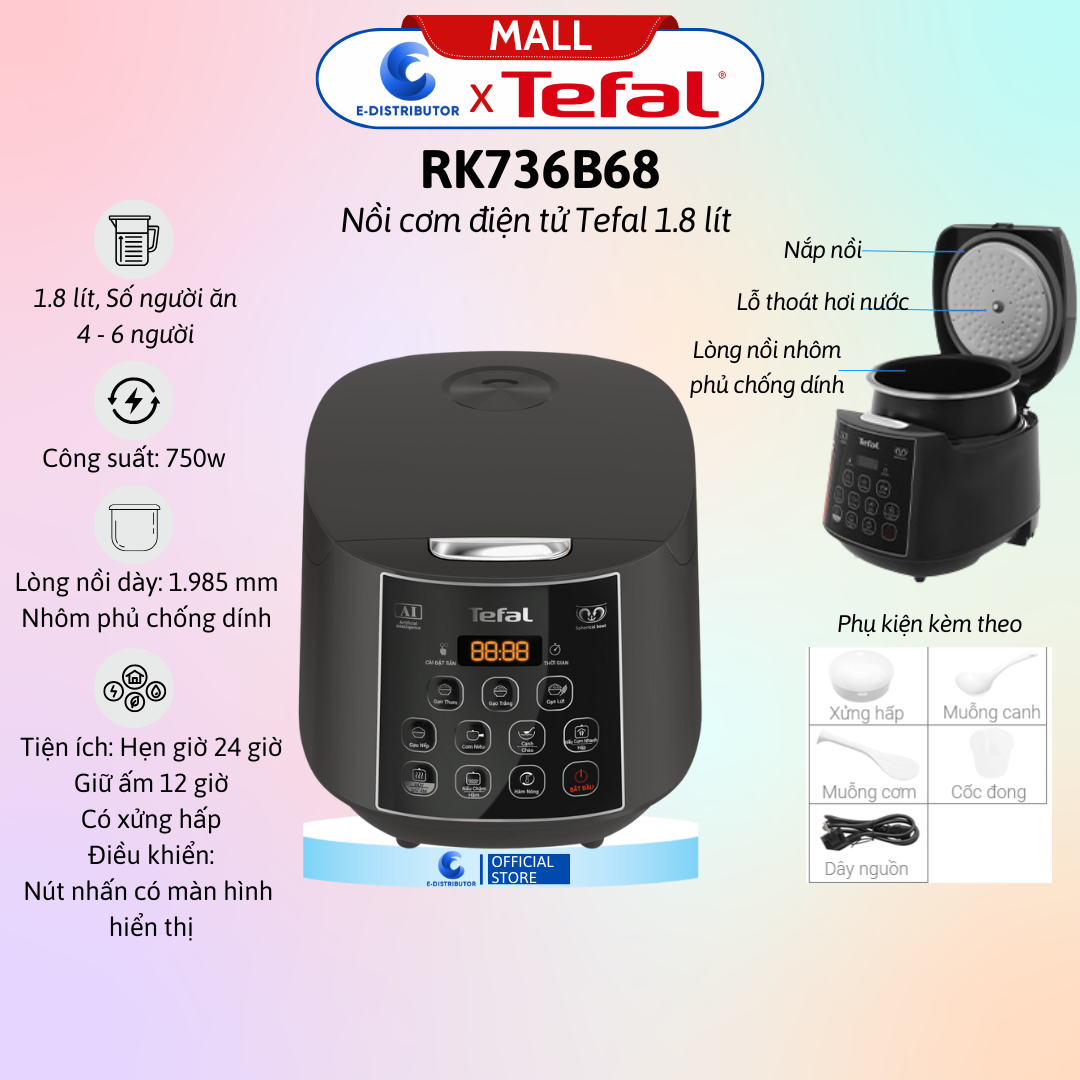 Nồi cơm điện Tefal Easy Rice Plus RK736B68 - 750W, 1.8L