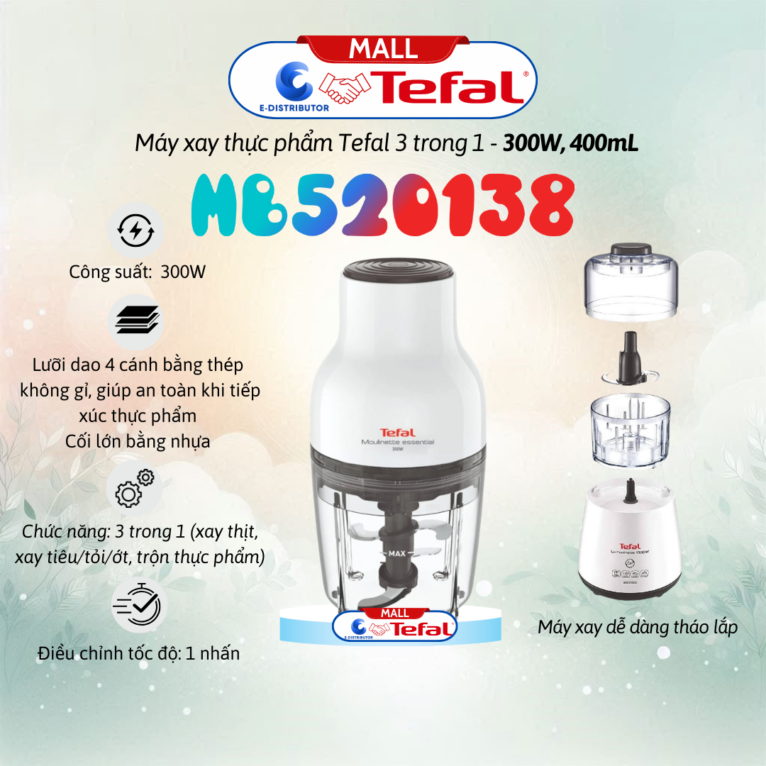 Máy xay thực phẩm Tefal 3 trong 1 MB520138 - Dung tích 400mL - Hàng Chính Hãng
