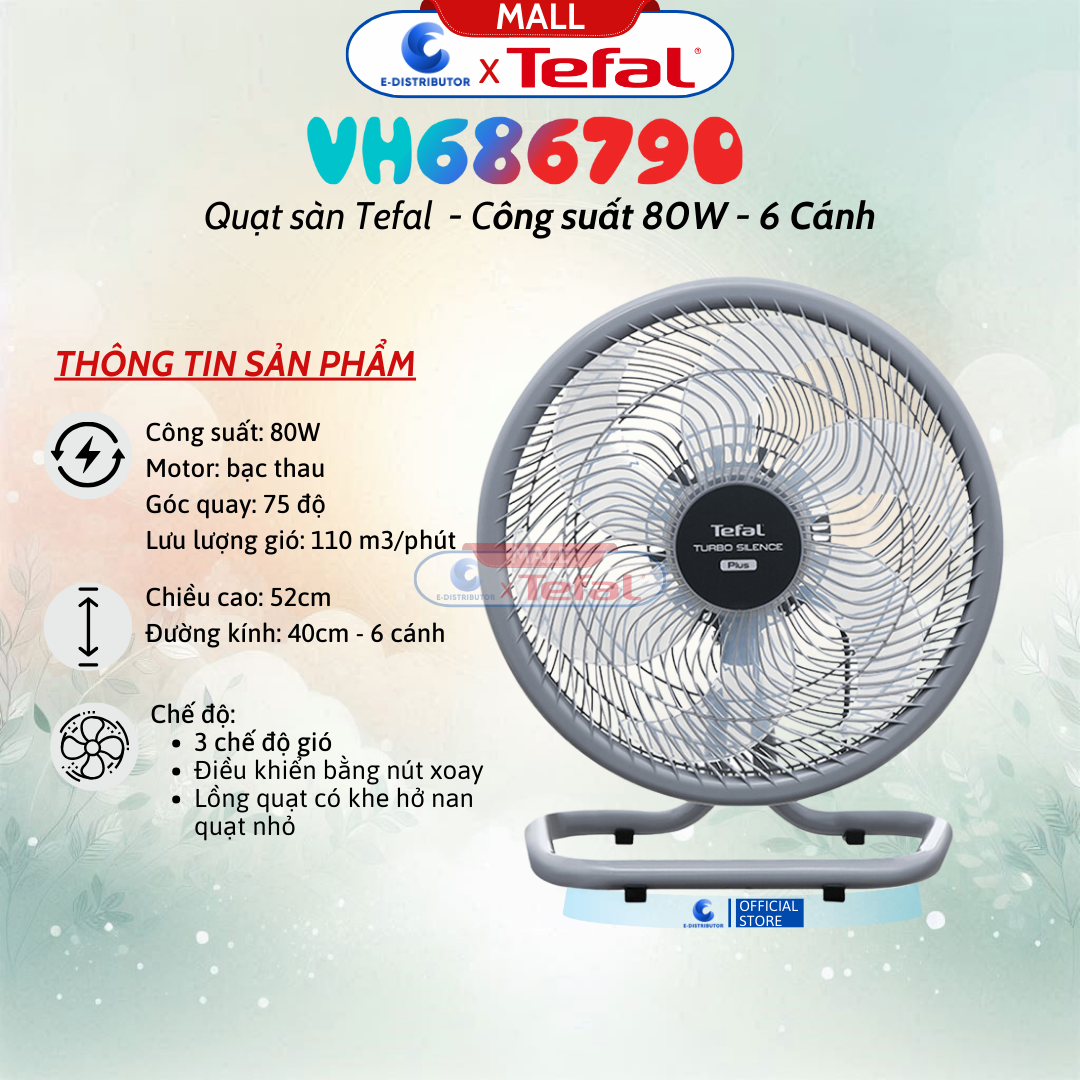 Quạt sàn TEFAL TB Silence Plus VH686790 - Xám Cánh Trắng