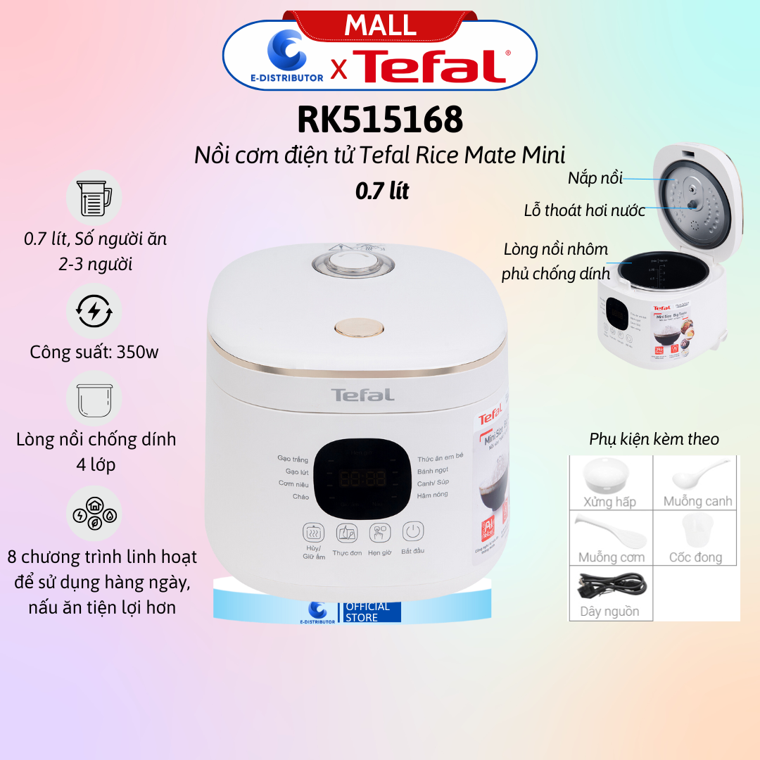 Nồi cơm điện tử Tefal Rice Mate Mini RK515168 - Dung tích 0.7L - Hàng Chính Hãng