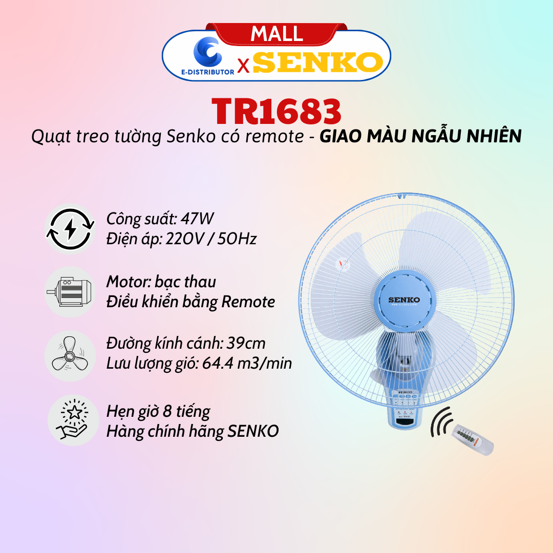 Quạt treo tường SENKO TR1683 có remote - màu ngẫu nhiên - hàng chính hãng
