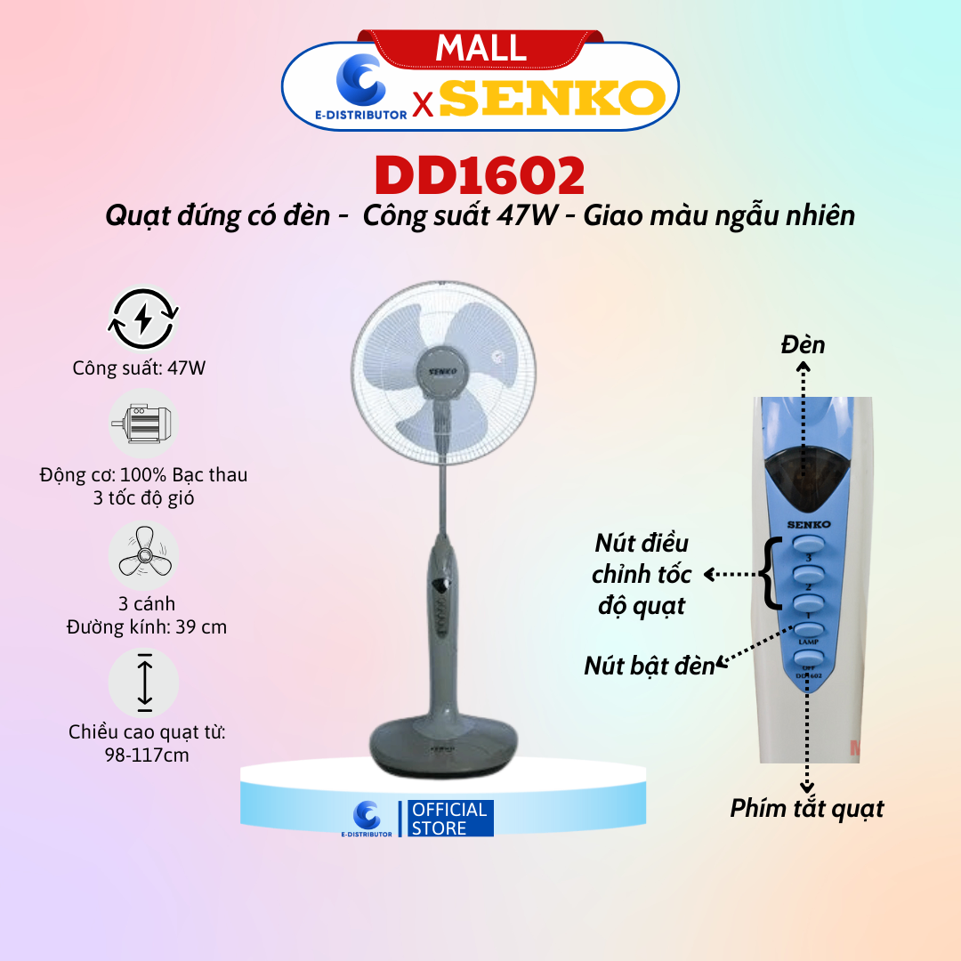 Quạt đứng có đèn Senko DD1602 - công suất 47W - màu ngẫu nhiên - hàng chính hãng