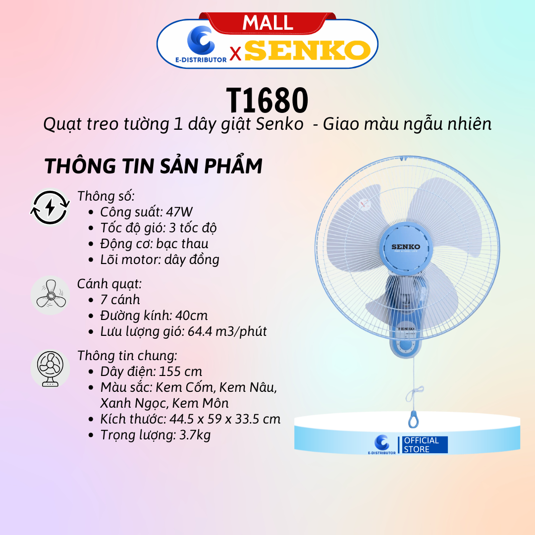 Quạt treo 1 dây Senko T1680 - Giao màu ngẫu nhiên - Hàng Chính Hãng