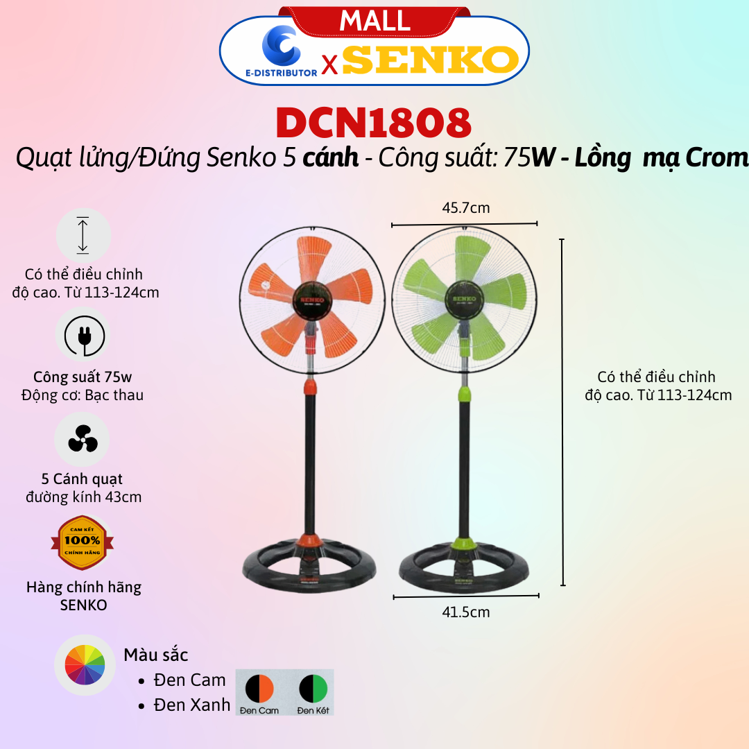 Quạt đứng 4,5 tấc lồng mạ Crom Senko DCN1808 - Màu ngẫu nhiên - Hàng Chính Hãng