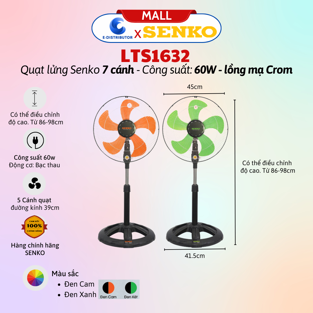Quạt Lửng Thân Sắt Senko LTS1632 - 5 cánh - 65W - Màu ngẫu nhiên - Hàng Chính Hãng