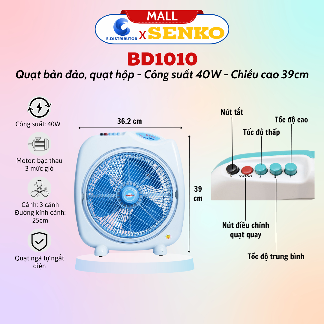 Quạt Bàn Đảo 3 tấc Senko BD1010 - Màu ngẫu Nhiên - Hàng Chính Hãng