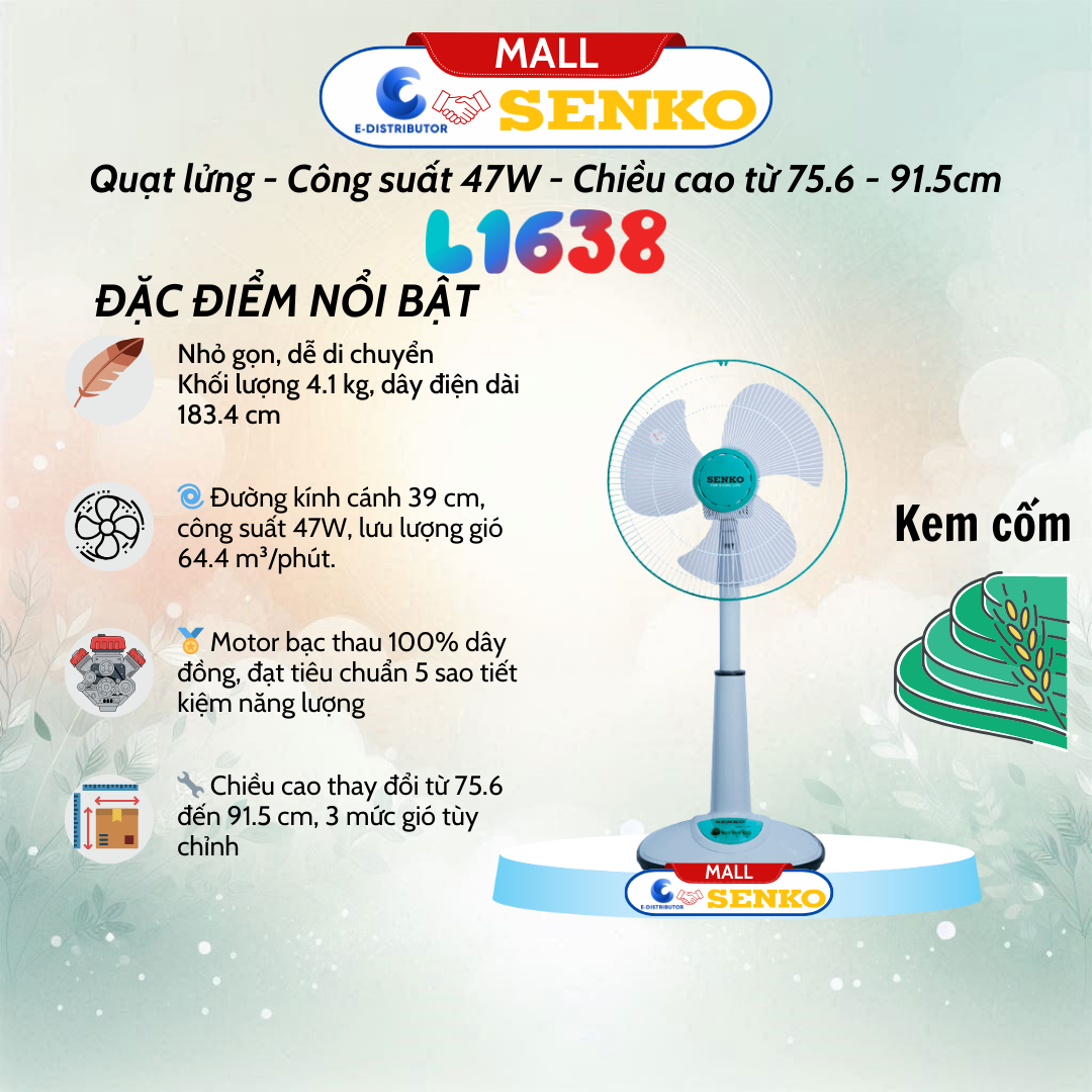 Quạt Lỡ Ống Nhựa Senko L1638 màu kem cốm