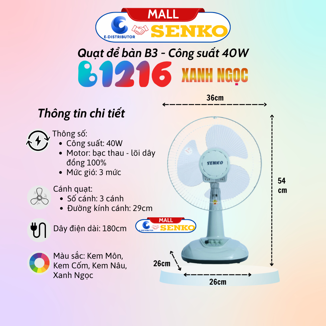 Quạt điện Senko để bàn tiện lợi cao cấp B1216 màu xanh ngọc
