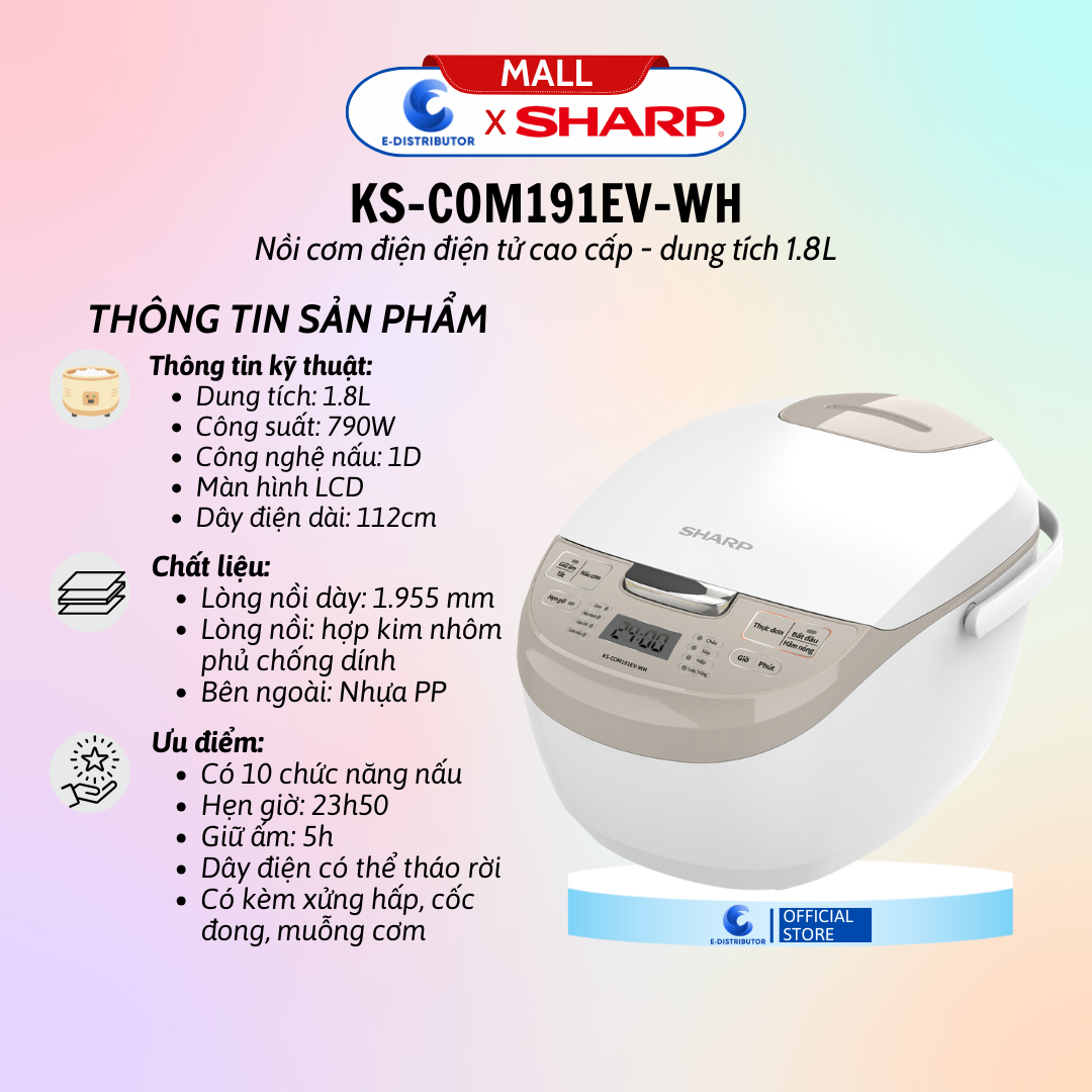 Nồi cơm điện tử Sharp KS-COM191EV-WH 1.8L