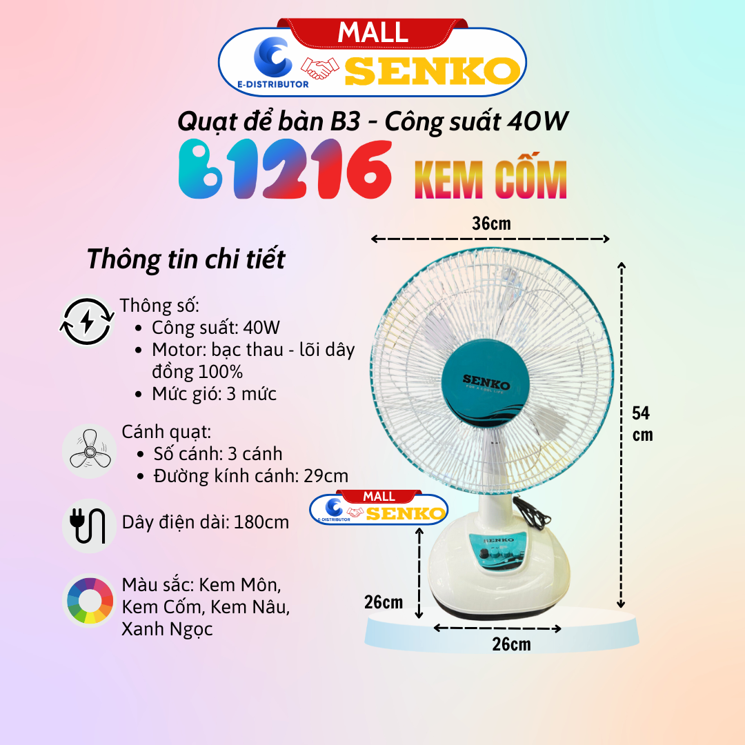 Quạt điện Senko để bàn tiện lợi cao cấp B1216 màu kem cốm
