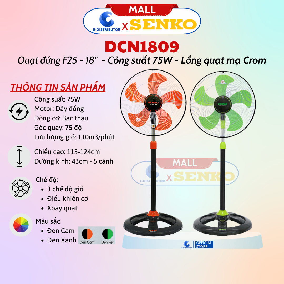 Quạt đứng 4,5 tấc lồng mạ Crom Senko DCN1809 - Màu ngẫu nhiên - Hàng Chính Hãng