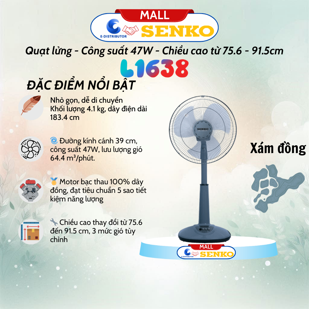 Quạt Lỡ Ống Nhựa Senko L1638 màu xám đồng